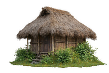 Rustic bamboo hut with thatch roof and lush greenery isolated on transparent background