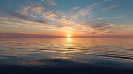 Fototapeta premium Vast sea with setting sun shining on endless water surface, blue sky with white clouds on the horizon, and ripples rising from deep ocean bottom, forming a magnificent natural landscape.