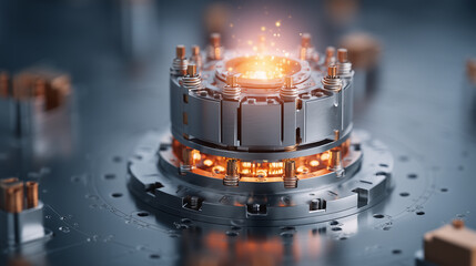 Futuristic small modular reactor core glowing with orange light and sparks, surrounded by metallic components and bolts on circuit board surface, high tech energy concept