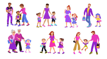 Set of parents and children. Parents accompanying their kids to school or kindergarten. Happy family walking together holding hands. Flat vector illustration of mom, dad and schoolchildren.
