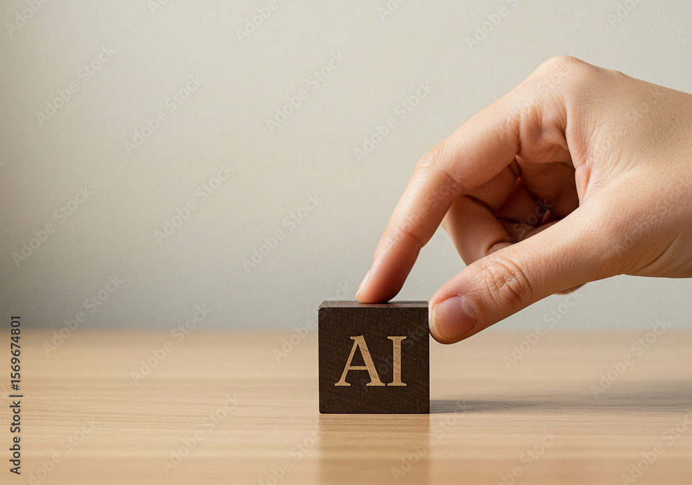 Poster ai artificial intelligence concept hand touching cube technology future innovation machine learning 