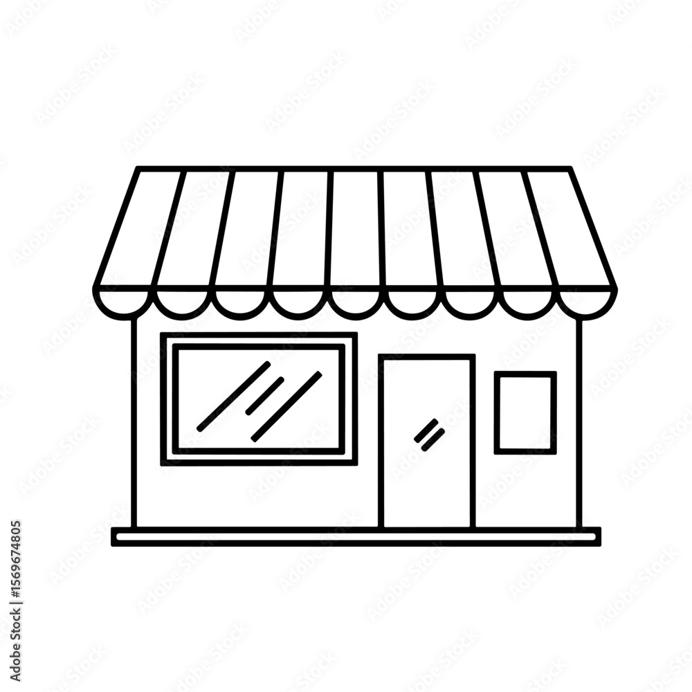 Poster simple line drawing of a small storefront building with awning.