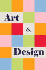 Vertical minimalist geometric mosaic poster. Big pixels retro illustration cover template with words art and design. Bright pastels color palette. Vector abstract background