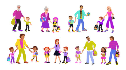 Set of parents and children. Happy family walking together holding hands. Parents accompanying their kids to school or kindergarten. Flat vector illustration of mom, dad and schoolchildren.