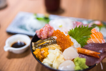 Japanese sashimi rice bowl with fresh fish