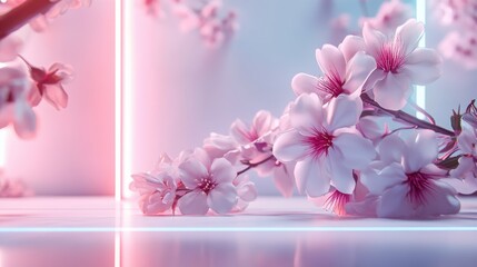 Futuristic white background in neon style with Japanese sakura