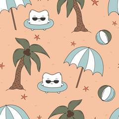 cute hand drawn cartoon character tooth with sunglasses at the beach funny summertime seamless vector pattern background illustration for kids