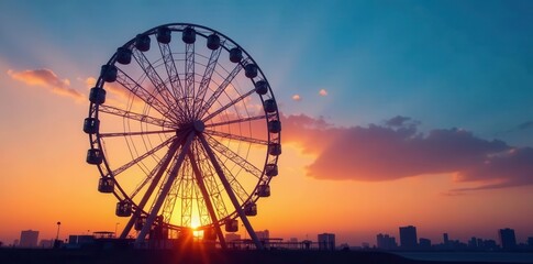 Ferris wheel silhouette at sunset, clear blue sky, design, scenic