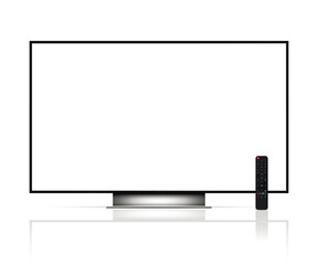 Realistic tv screen with remote control. Smart tv mockup with reflection.