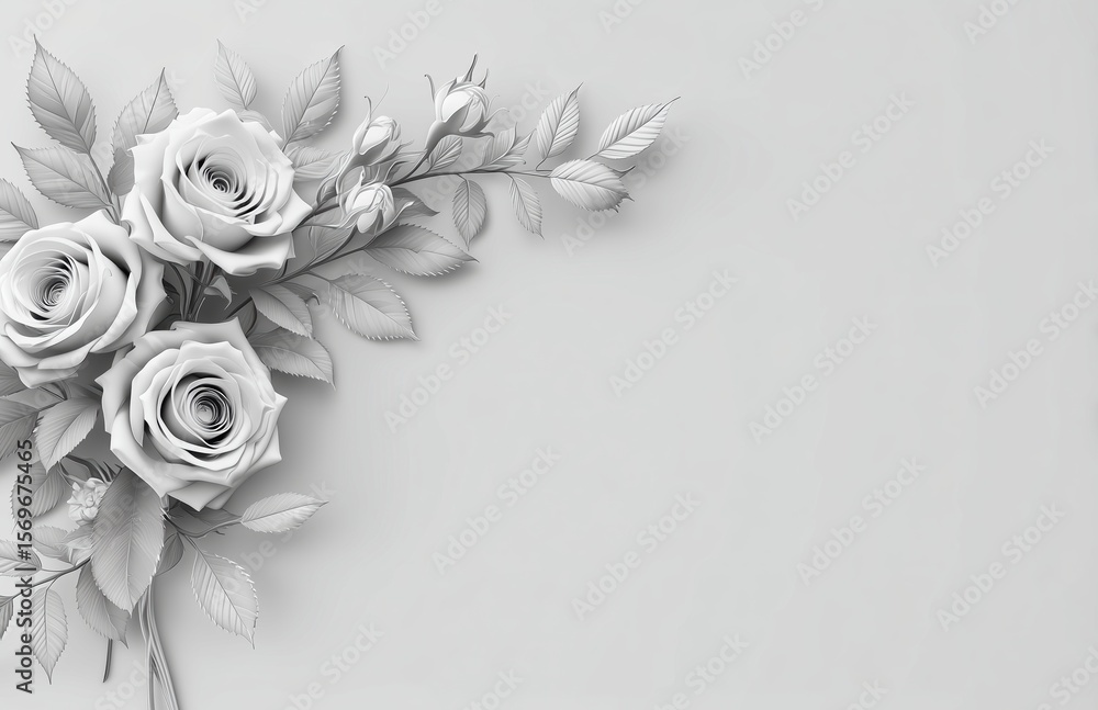 Fototapete elegant 3d rendered monochrome roses with leaves arranged in minimalist flat lay, top view compositi