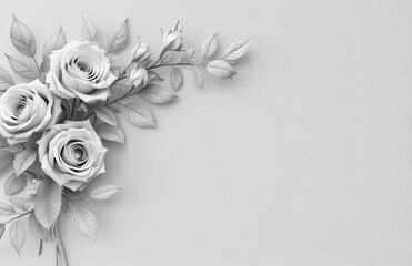 Elegant 3D rendered monochrome roses with leaves arranged in minimalist flat lay, top view composition on pure white background featuring deliberate right side white space.​