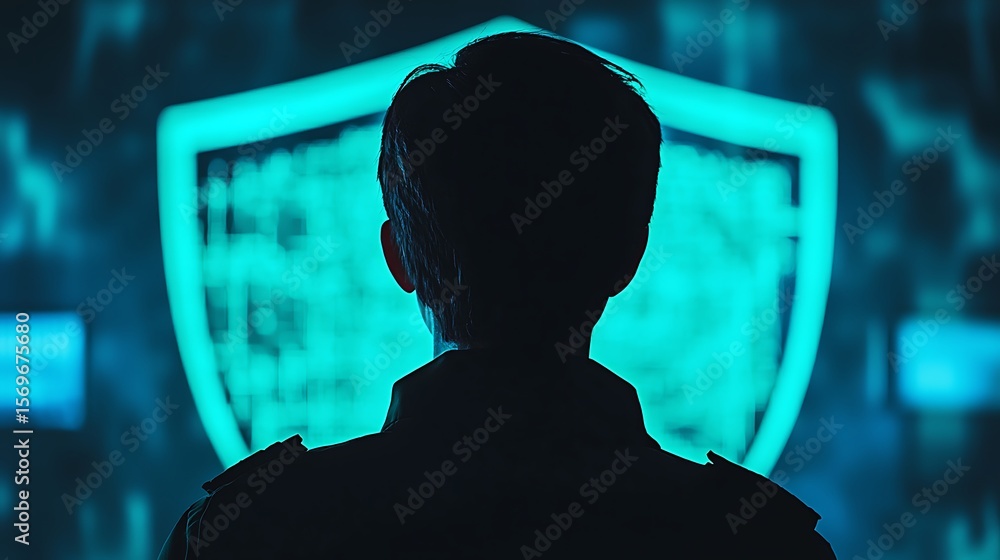 Poster a silhouette of a person in front of a glowing digital shield symbolizing cybersecurity and data pro