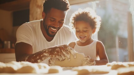 Father and child enjoying a joyful moment making dough in a cozy kitchen filled with sunlight
