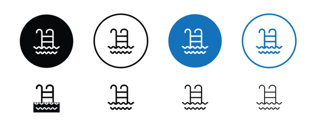 Set of pixel perfect colored Pool icon, 1 Silhouette, 1 unexpanded, Swimming pool icon representing summer leisure, relaxation, and vacation activities.
