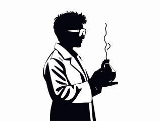 A scientist silhouette with lab coat and flask, experimental chemistry concept