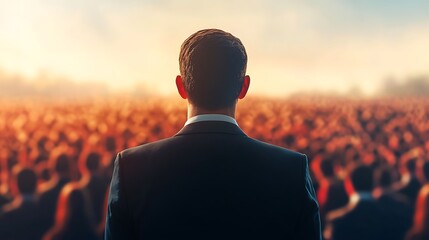 A man in a suit faces a large crowd, symbolizing leadership, public speaking, or addressing an audience in a professional or political setting.
