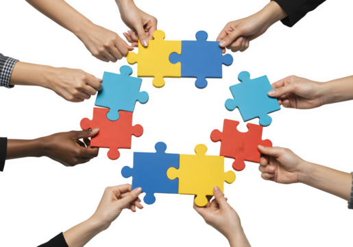 Human Hands Holding Puzzle Pieces – Teamwork, Cooperation, and Partnership Concept, Isolated on White or Transparent Background