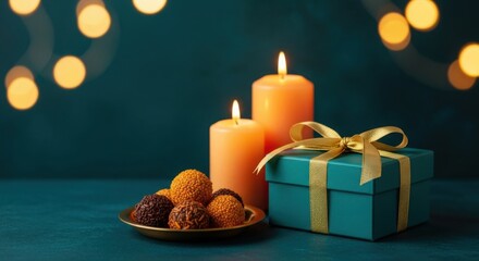 Lit candles illuminate truffles and a beautiful teal gift box tied with golden ribbon