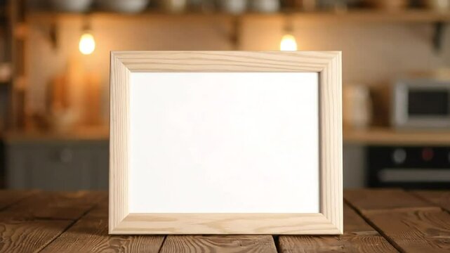 Elegant wooden picture frame mockup on a rustic wooden table in a kitchen setting