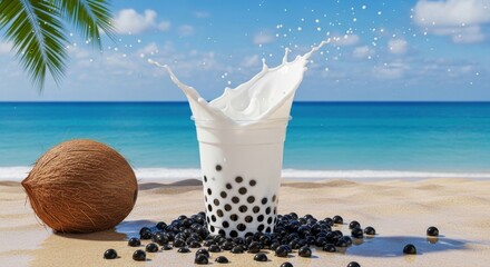 Milk splashes from a bubble tea drink with coconut on the beach, creating refreshment