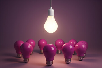 Spotlight concept with glowing white bulb above magenta group, 3D plastic design with modern gradient tones