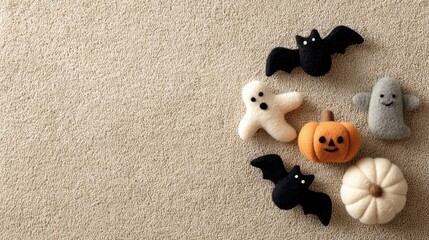 Cute felt Halloween characters including bats, pumpkins and ghosts arranged in soft circle composition on beige carpet perfect for children’s holiday visuals and playful seasonal promotions