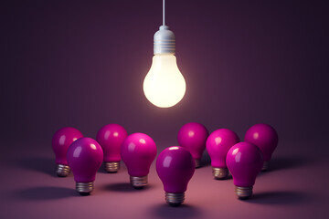 Shiny white bulb casting light over unlit magenta bulbs, minimalist 3D concept of individuality and breakthrough ideas