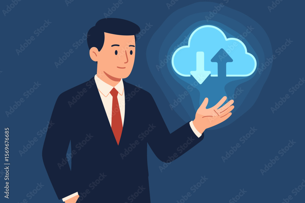 Poster businessman presenting a virtual glowing cloud computing icon for data transfer. concept of download