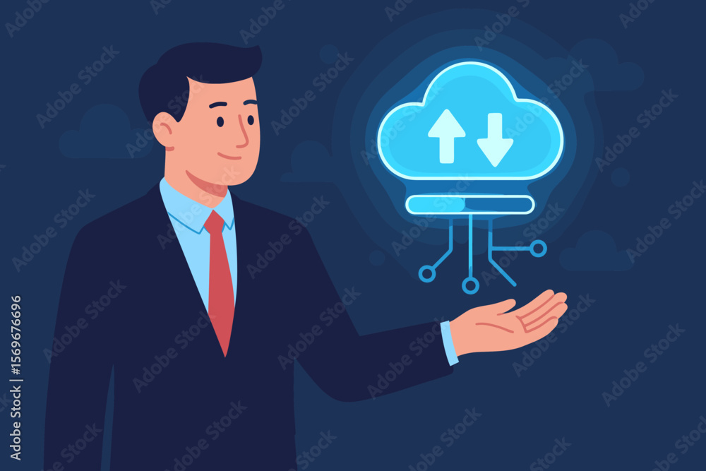 Poster businessman shows virtual cloud computing for data transfer. digital information upload, download on
