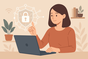 Cybersecurity technology concept. Businesswoman at laptop touching virtual shield icon with lock. Data protection, internet privacy, network safety, secure connection. Vector.