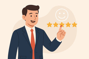 Businessman giving a five star rating. Concept of customer satisfaction, positive feedback, and review. Excellent service and quality evaluation. Happy client user experience.