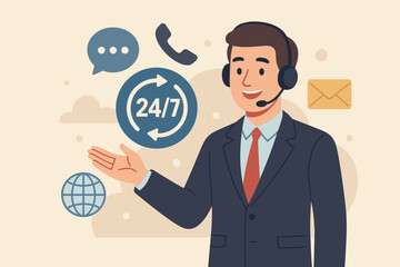 Businessman offering 24/7 customer service. Concept of call center, online assistance, and nonstop global support. Male operator with headset and communication icons.