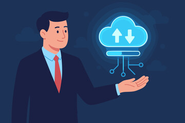 Businessman shows virtual cloud computing for data transfer. Digital information upload, download on network system. Cloud storage service and modern technology solutions concept.