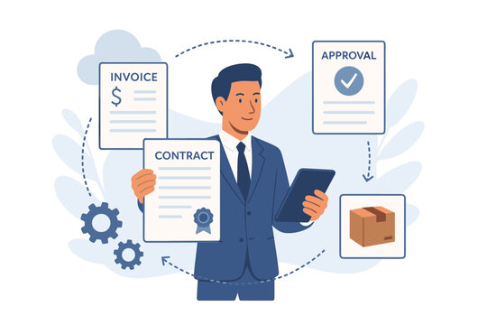 Businessman managing digital procurement process. E-procurement workflow concept with contract, invoice, approval. B2B sourcing, vendor management, and supply chain automation.