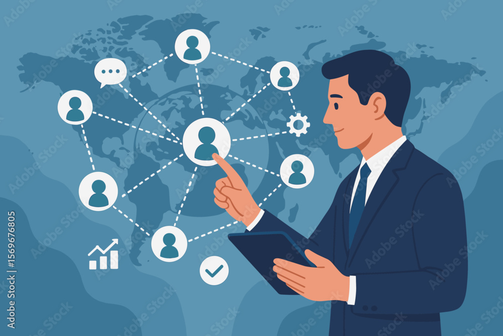 Poster customer relationship management crm. businessman with tablet. global network structure. data exchan