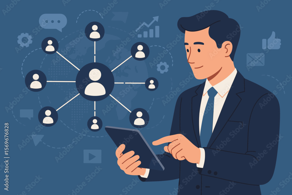 Poster customer relationship management crm concept. businessman using tablet to manage global customer net