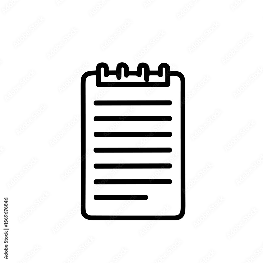 Aufkleber black and white line drawing of a notepad with lines on the pages and a spiral binder at the top.