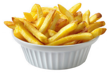 Golden french fries in a white ramekin isolated on transparent background