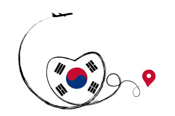 Flag of South Korea. Heart, love romantic travel. Symbol of airplane, air plane, aircraft, aeroplane, flying, fly jet airline. Line path. Vector location pointer route. Travel for your web site design