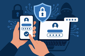 Cybersecurity and two factor authentication concept. User login with password on smartphone and laptop. Data protection, privacy, security from hacker attack and cybercrime.