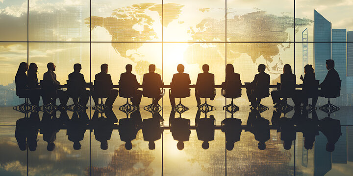 Corporate team meeting at sunset, Business strategy boardroom discussion, Executive leadership conference room

