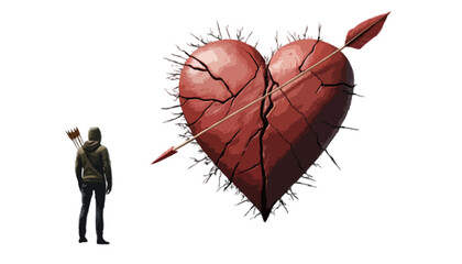 The bittersweet pain of lost or unrequited love is represented by an arrow striking the heart deep isolated on transparent background