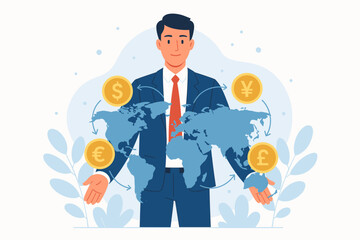 Global currency exchange concept with businessman and world map. International business, finance, and investment. Forex trading with dollar, euro, yen, and pound currency symbols.