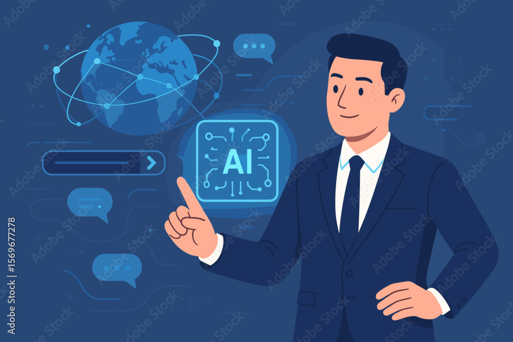 Poster ai technology concept. businessman interacts with virtual graphic of global internet connection. cha