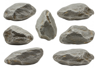 A collection of seven gray stones and pebbles isolated on transparent background