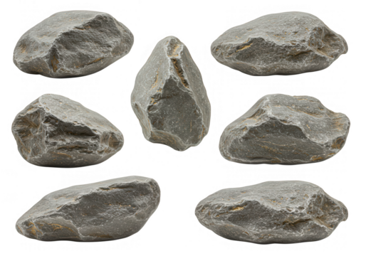 A collection of seven gray stones and pebbles isolated on transparent background