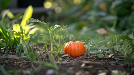 Small orange pumpkin in garden bed