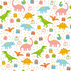 Cute dinosaur with gift box and star seamless pattern