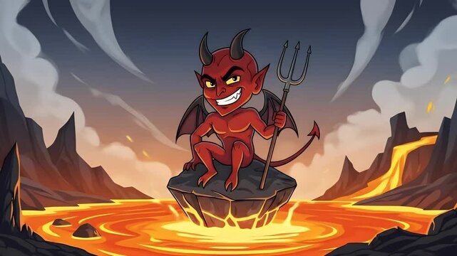 Cartoon devil on floating rock over lava in fantasy hell setting