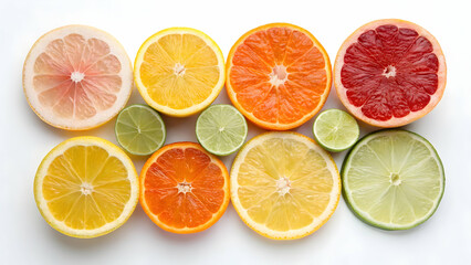 Obraz premium Fresh Juicy Citrus Fruits – Lemons, Oranges, Limes, and Grapefruits on White Background